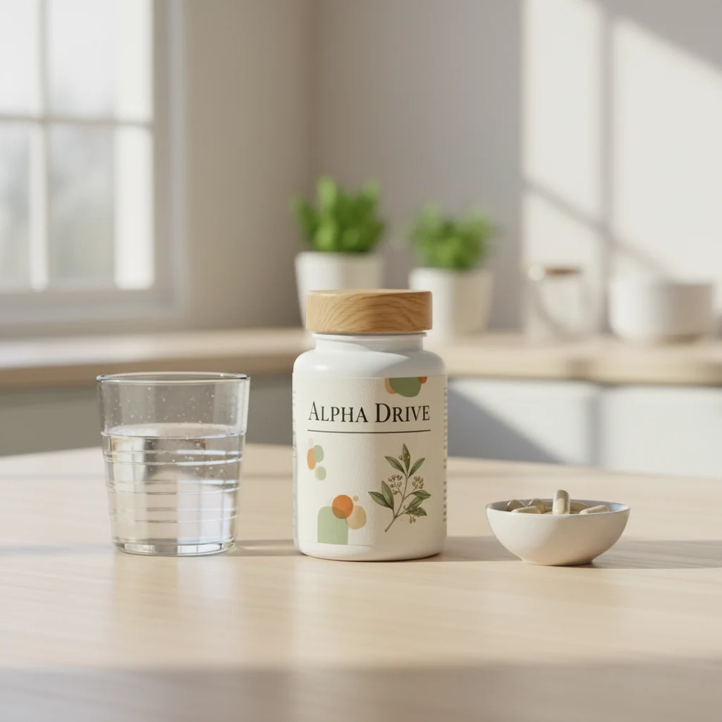 Alpha Drive flaske med naturlige ingredienser - nærbillede af kosttilskuddet